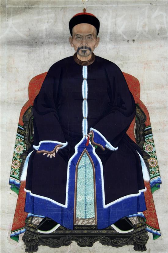 Five Chinese ancestor portraits, late Qing dynasty, largest 106 x 57.5cm including borders